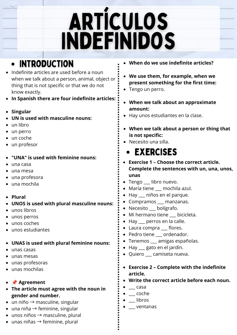Spanish indefinite articles un, una, unos, unas: gender and number rules, then Exercise 1 filling in blanks in sentences