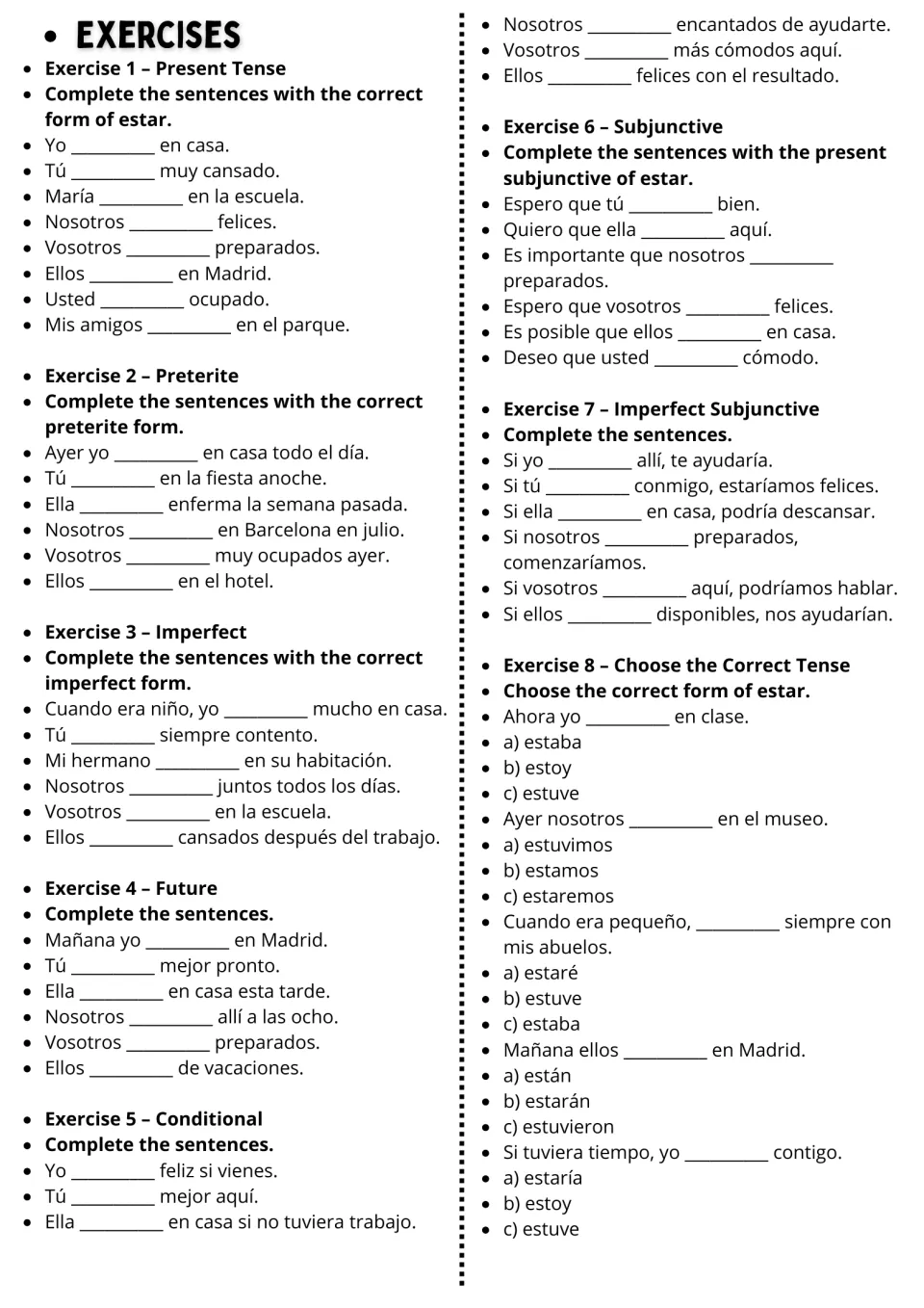 Exercises 1–8 for estar (to be): fill-in-the-blank sentences and multiple-choice tense practice