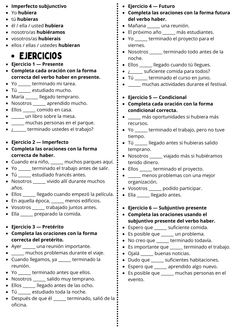 Haber practice exercises 1–6 cover present, imperfect, preterite, future, conditional, and present subjunctive.