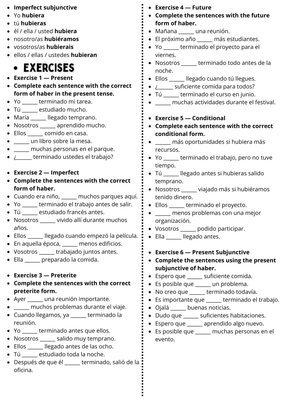 Haber practice: imperfect subjunctive conjugations and exercises 1–6, from present to present subjunctive.