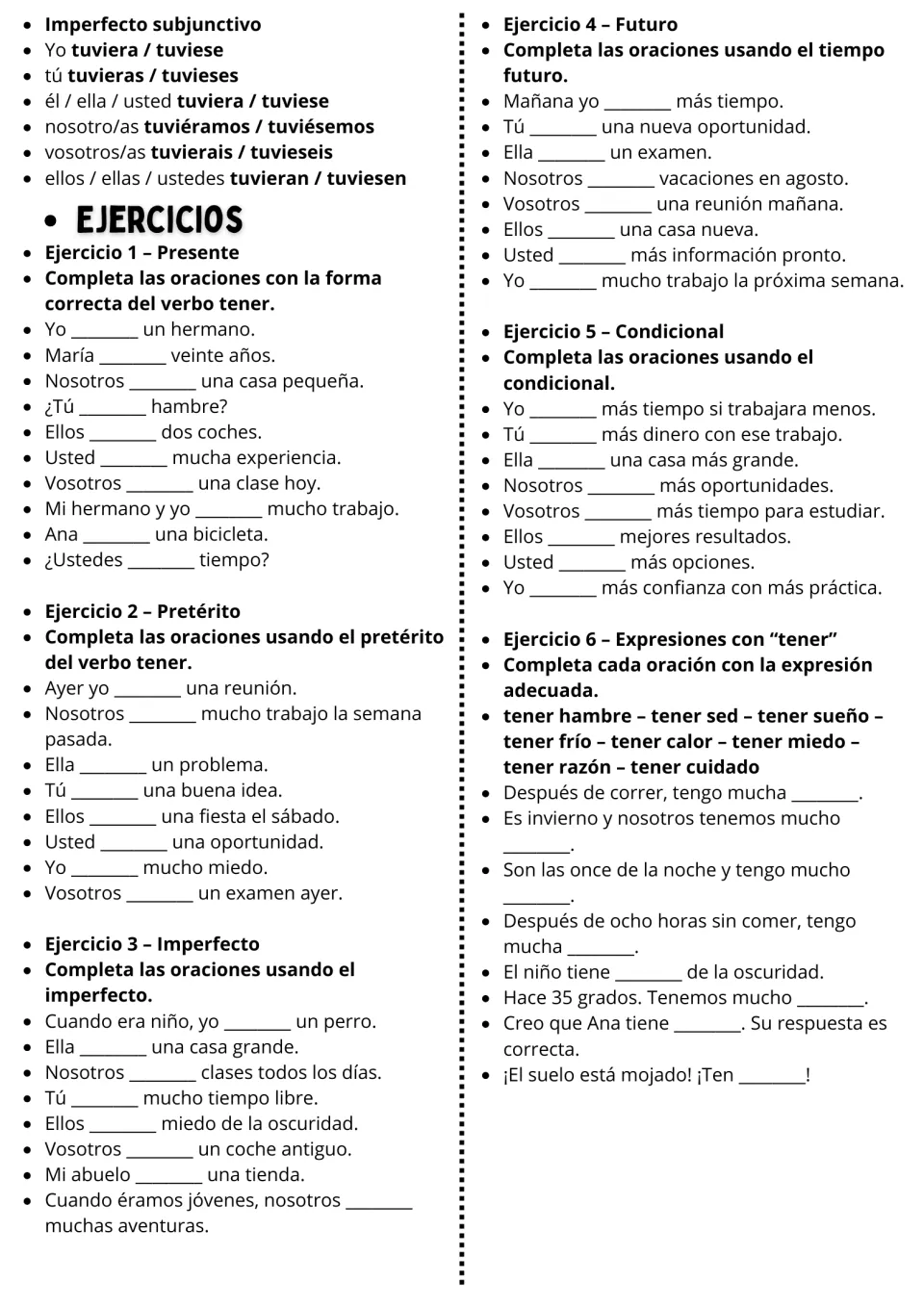 Tener (to have) practice: exercises 1–6 on five verb tenses and expressions, plus imperfect subjunctive forms.