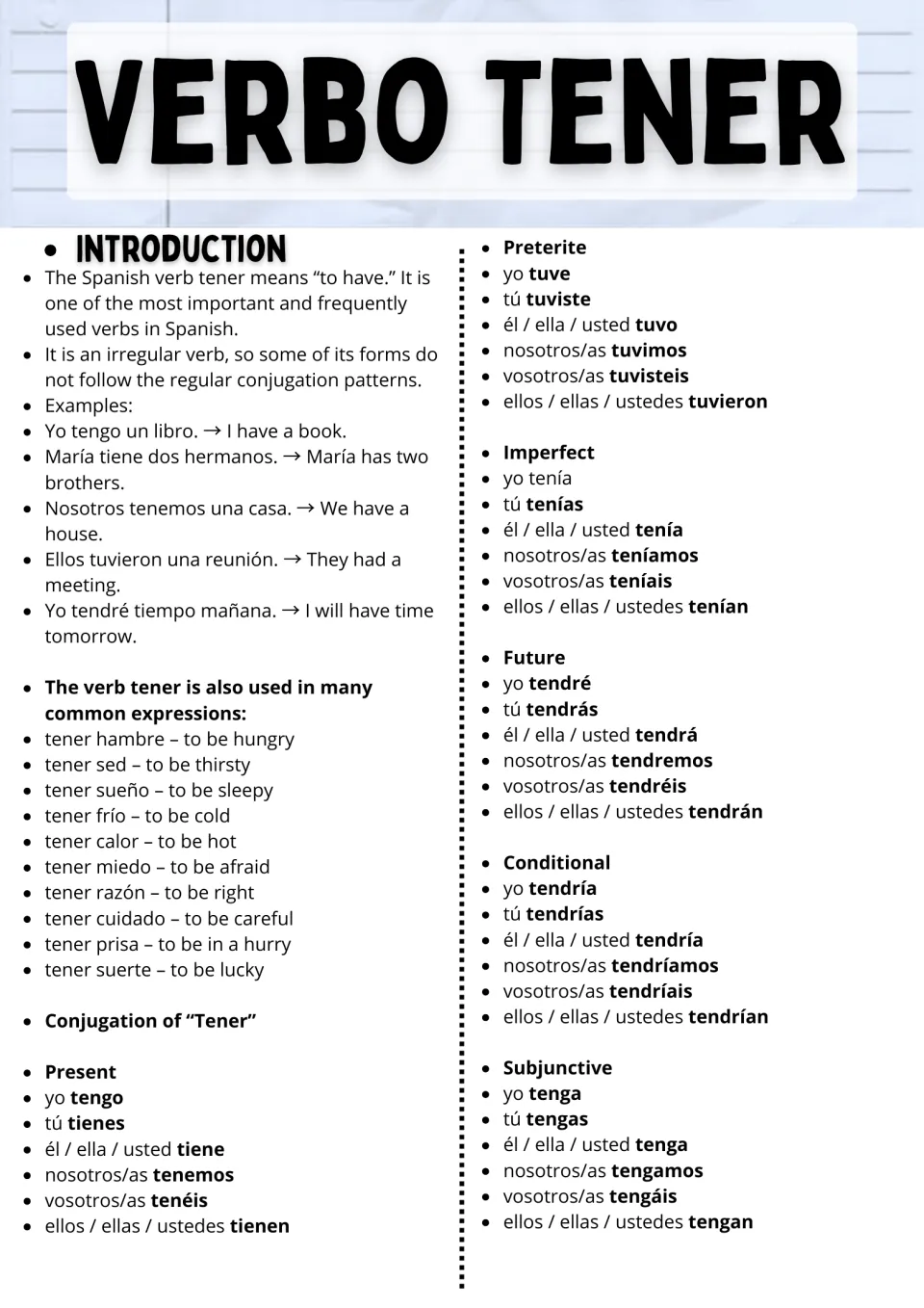 Tener (to have) reference: example sentences, common expressions, and six conjugation sets, including present