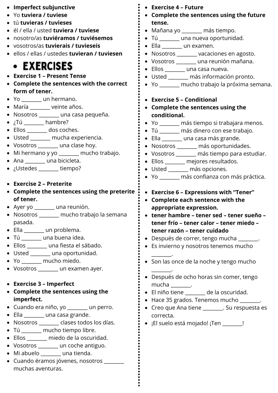 Tener (to have) exercises 1–6: five verb tenses and common expressions, plus imperfect subjunctive forms