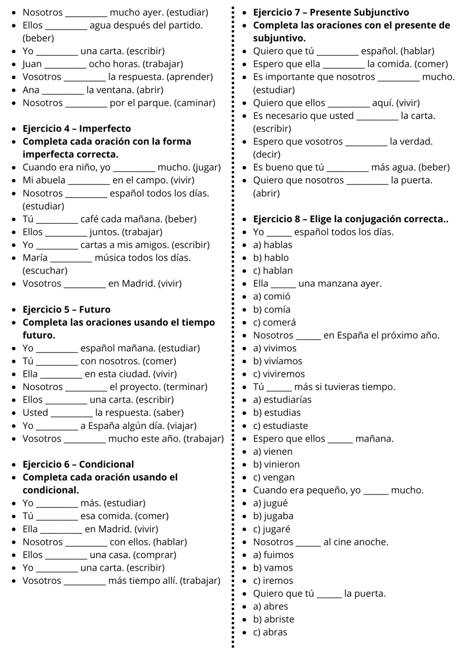 Spanish exercises 3–8 cover preterite, imperfect, future, conditional, present subjunctive, and verb-form choices