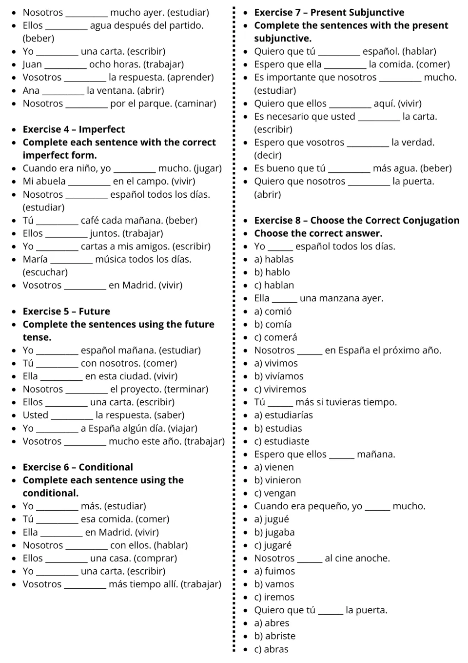 Spanish exercises 3–8: preterite continuation, imperfect, future, conditional, subjunctive, and multiple choice