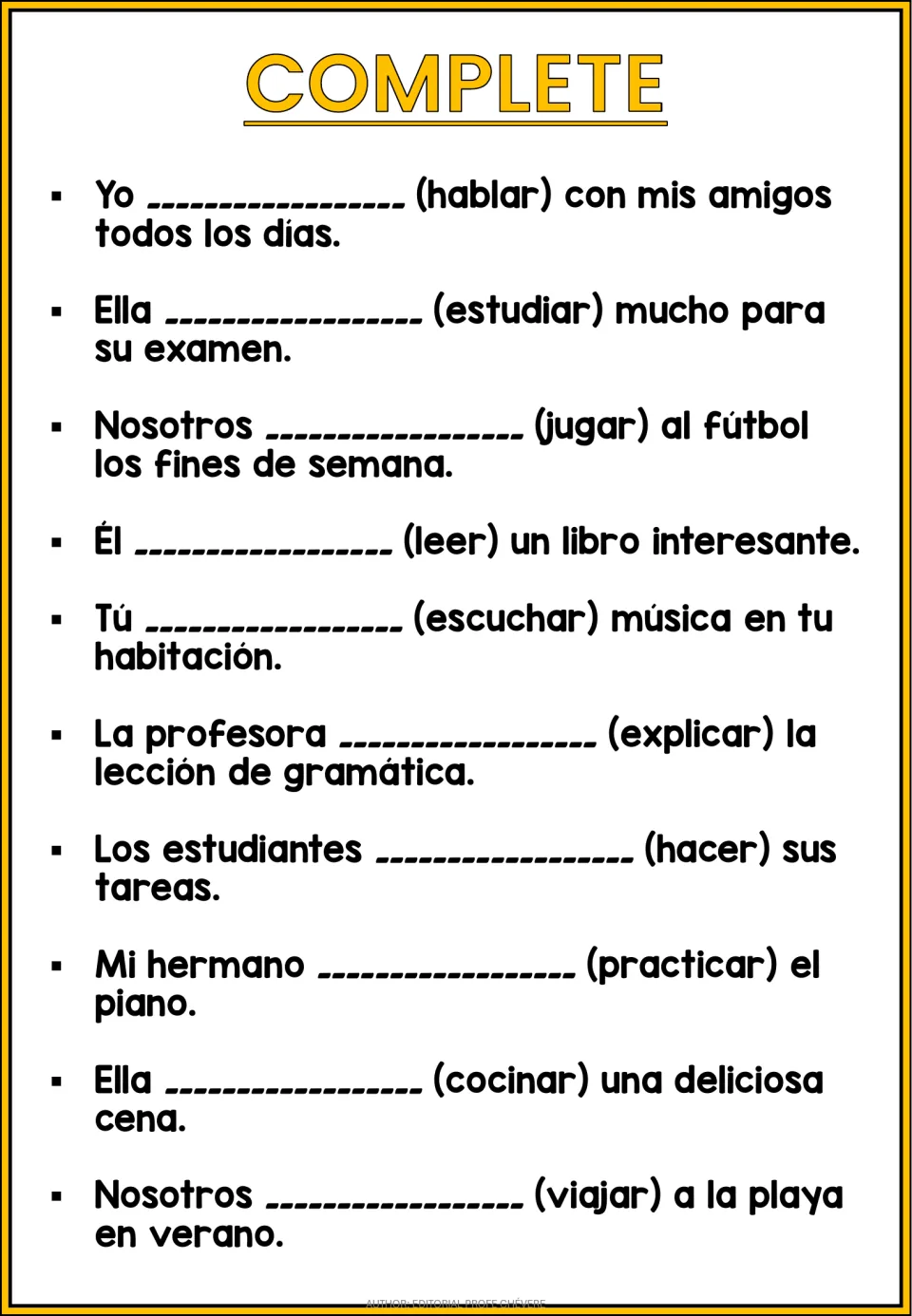 Spanish verb conjugation: students fill in 10 sentences with the correct form of verbs like hablar, estudiar and jugar