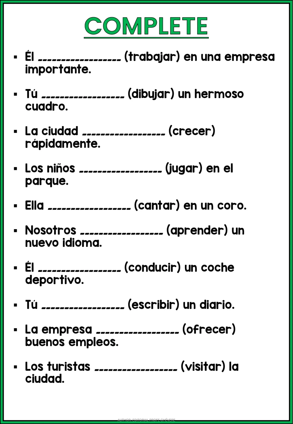 More Spanish verb practice: students conjugate trabajar, crecer, conducir and ofrecer to complete 10 more sentences
