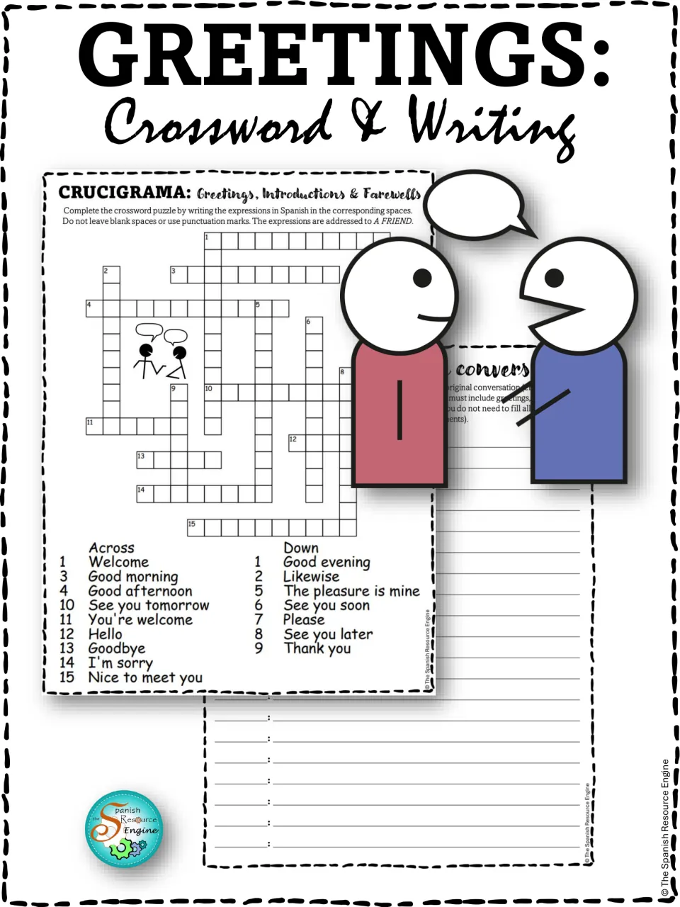 Greetings: Crossword & Writing cover showing a Spanish greetings crossword, a conversation script sheet and talking figures