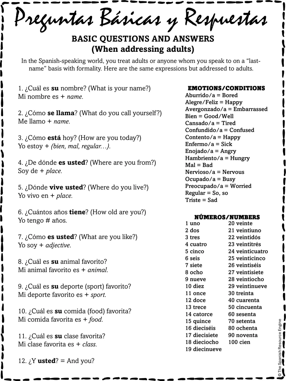 Formal basic questions for addressing adults with su and usted, plus sentence frames, emotion words and numbers 1 to 100