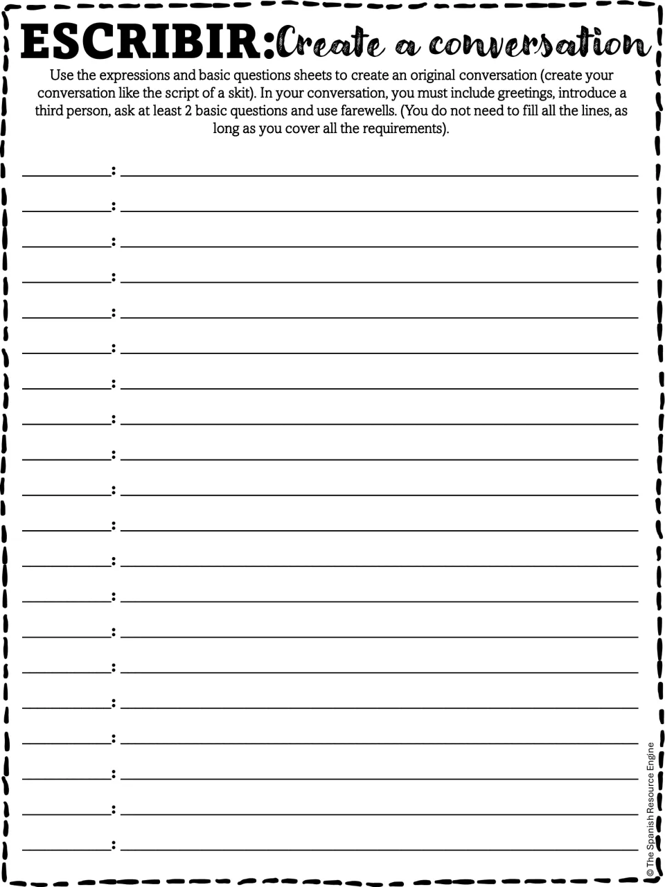 Create a conversation: students script a skit using greetings, a third-person introduction, 2 questions and farewells