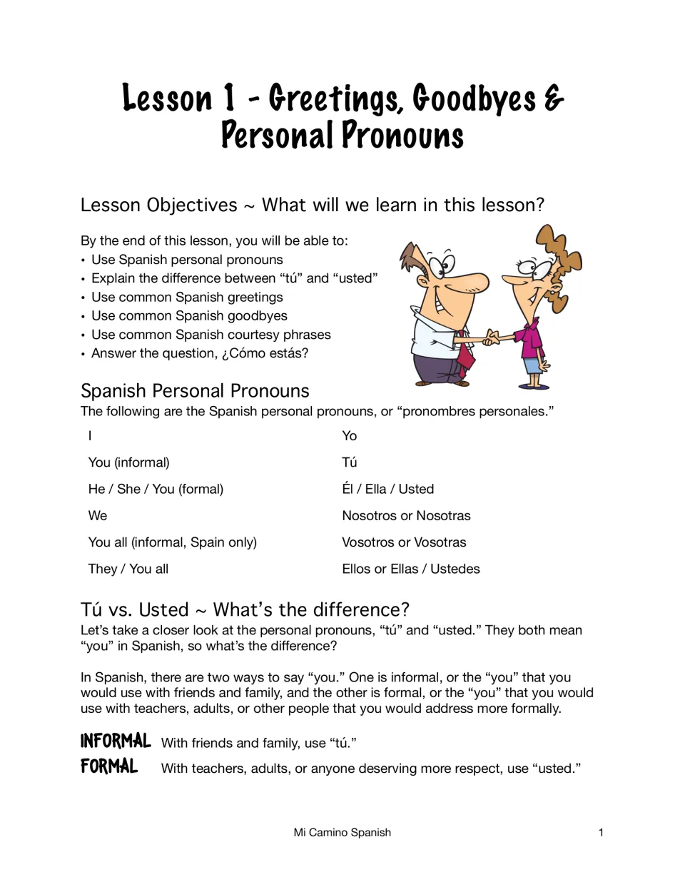 Lesson 1 objectives and a chart of Spanish personal pronouns yo to ustedes, plus when to use informal tú or formal usted