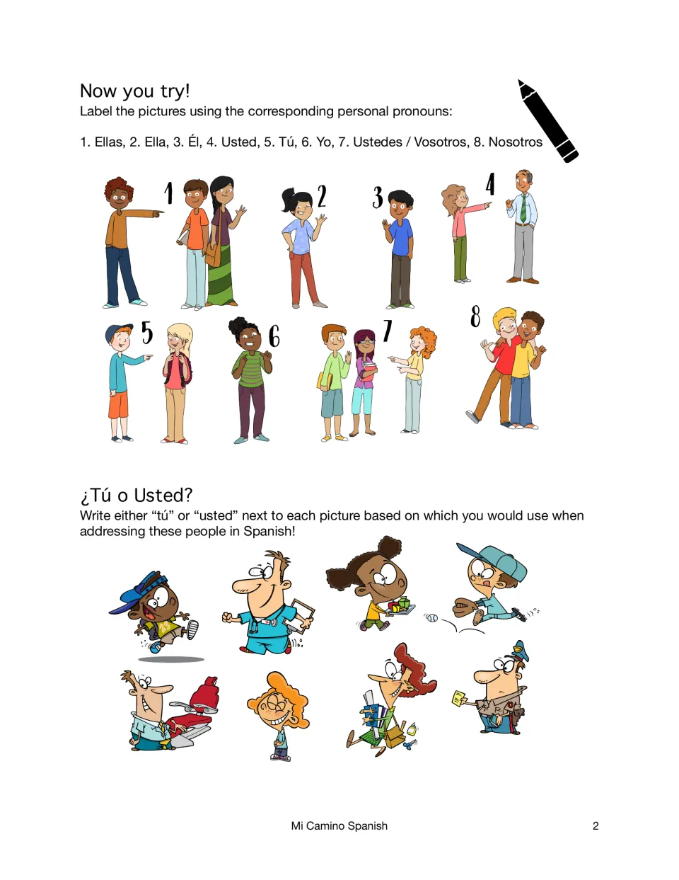 Pronoun practice: students label 8 cartoon groups with yo, tú, él, ellas and more, then pick tú or usted for each person