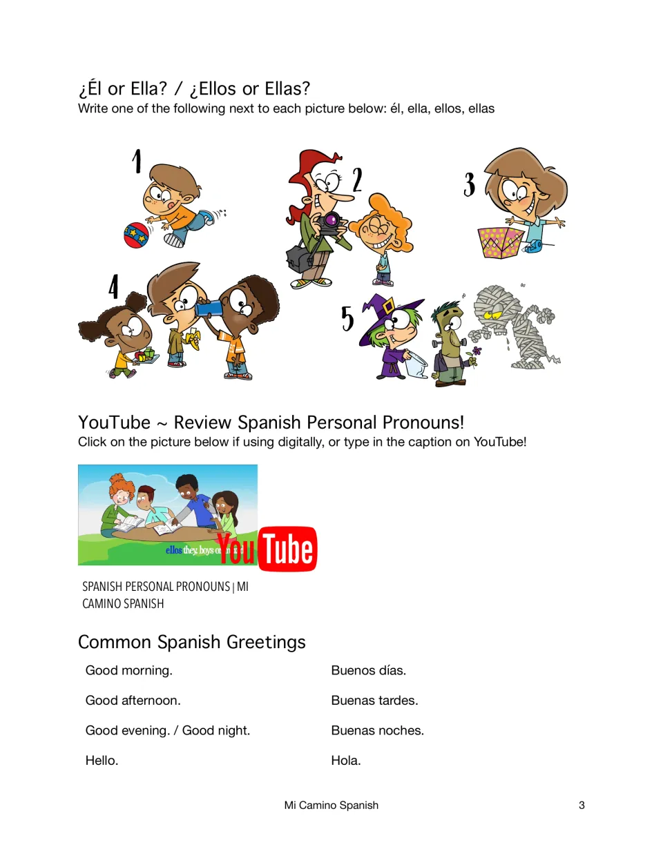 Él, ella, ellos or ellas: students write a pronoun by 5 cartoons; then a review video and greetings like buenos días