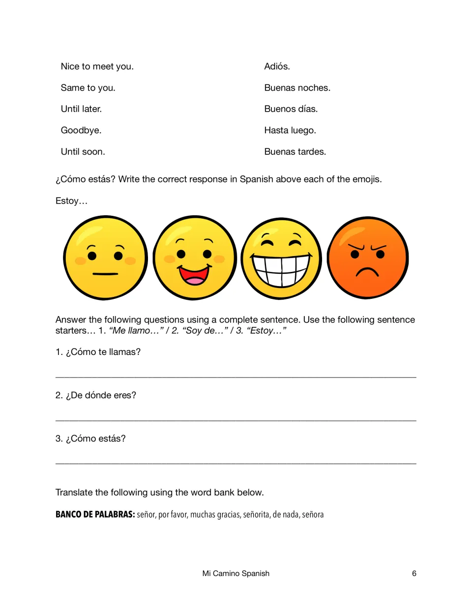 Greetings practice: students match phrases, write Estoy… feelings for 4 emojis and answer 3 personal questions
