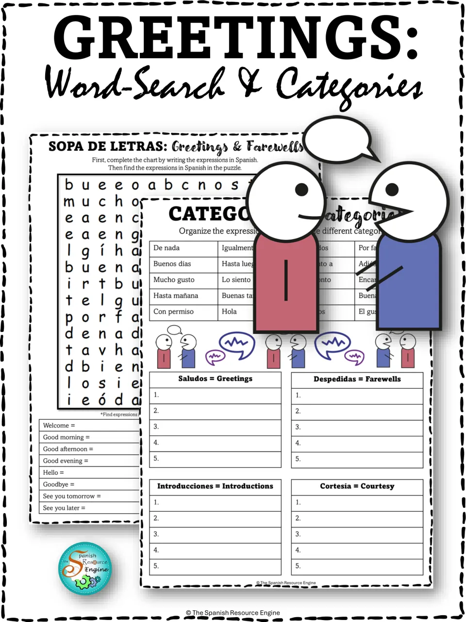 Greetings: Word-Search & Categories cover previewing a Spanish word search and a sort of expressions into four groups