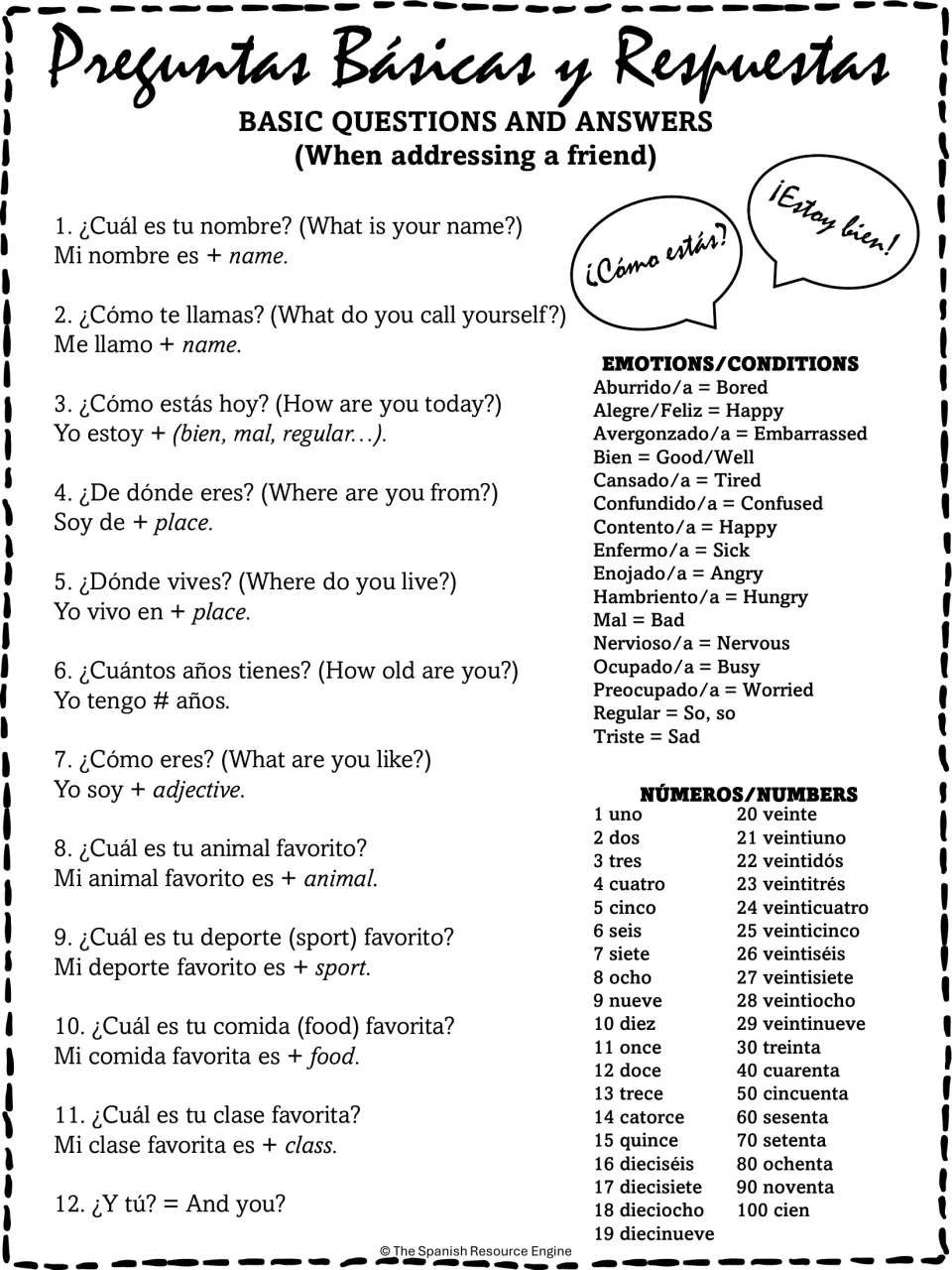Informal Spanish questions and answers for a friend, such as ¿Cómo te llamas?, plus emotion words and numbers 1 to 100