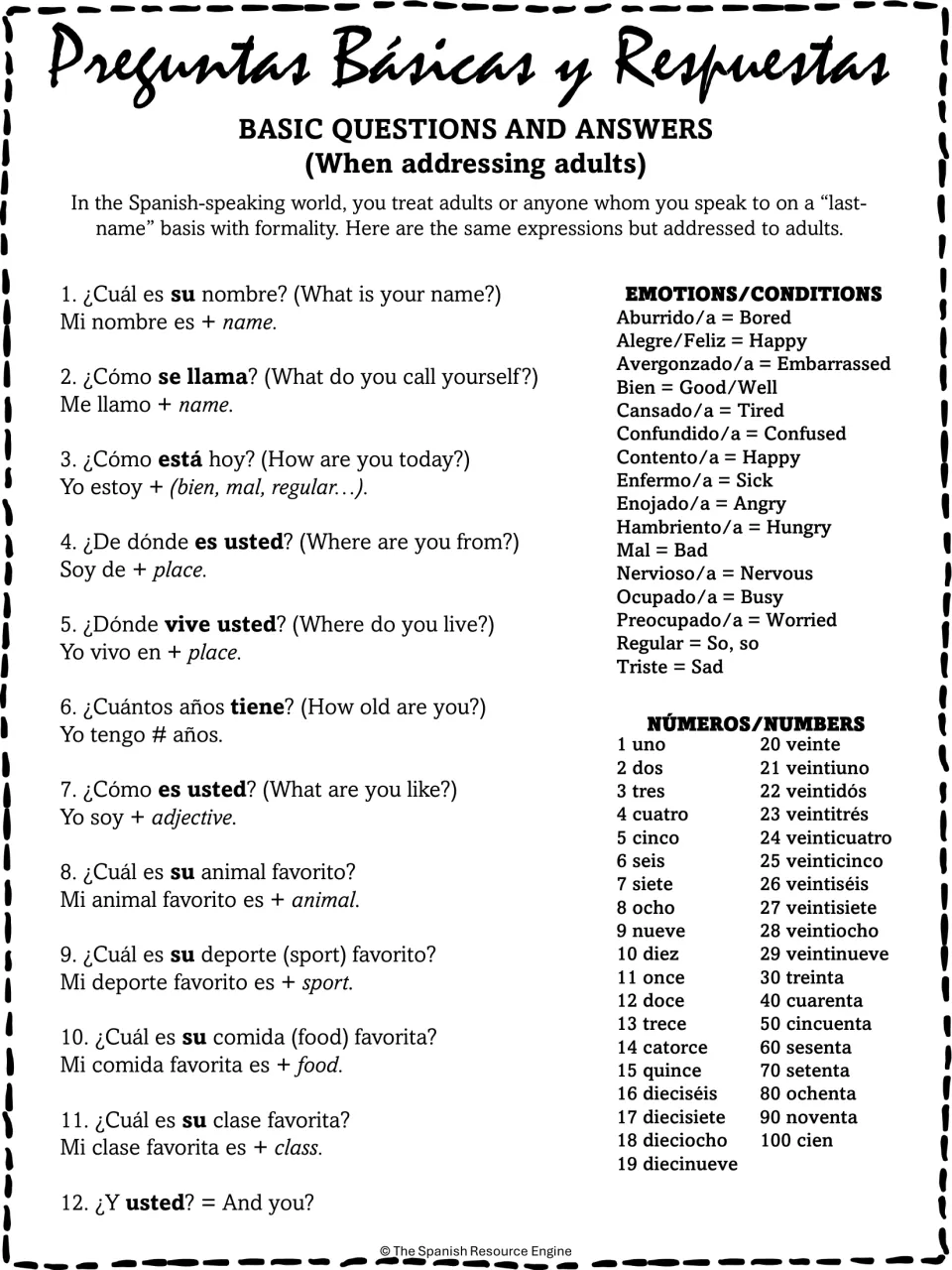Formal usted questions and answers for adults, such as ¿Cómo se llama?, plus emotion words and numbers 1 to 100