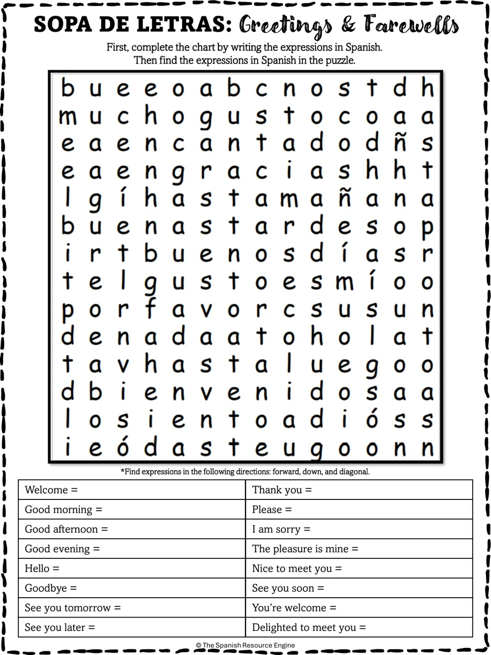 Sopa de letras: students write 16 greetings and farewells in Spanish, then find each expression in the letter puzzle