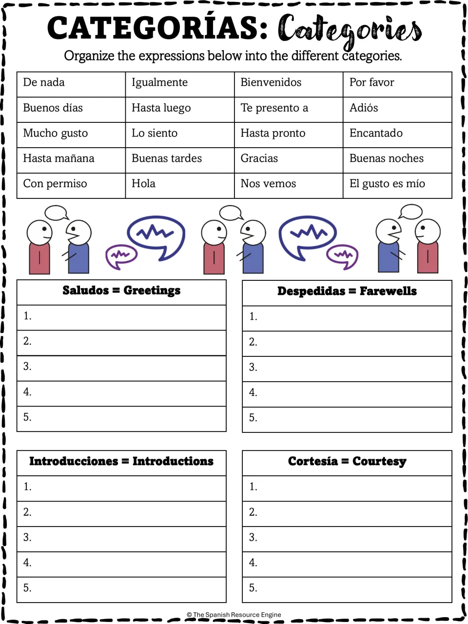 Categorías sort: students organize 20 Spanish expressions into greetings, farewells, introductions and courtesy