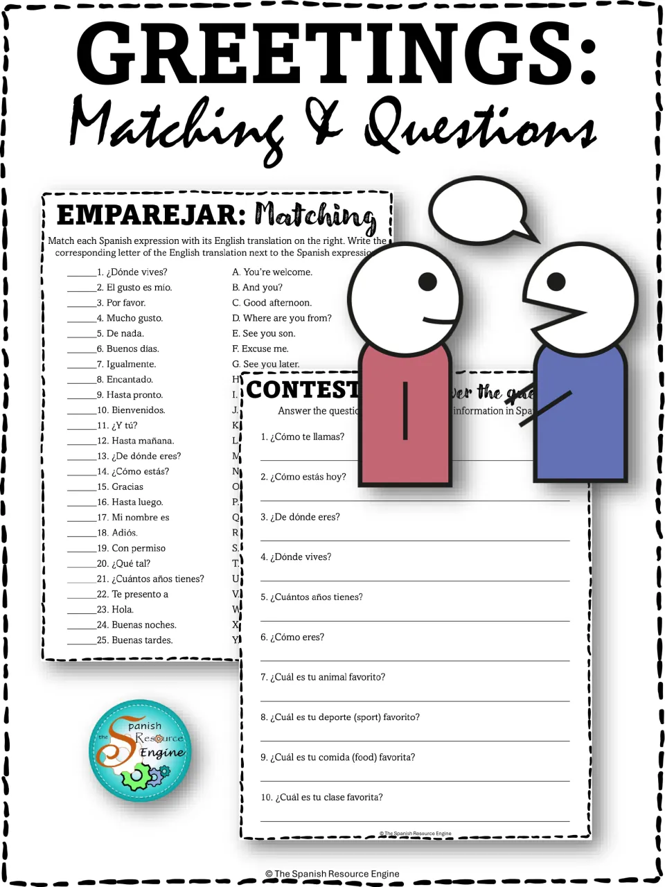 Greetings: Matching & Questions cover showing the matching page, the answer-the-questions page and two talking figures