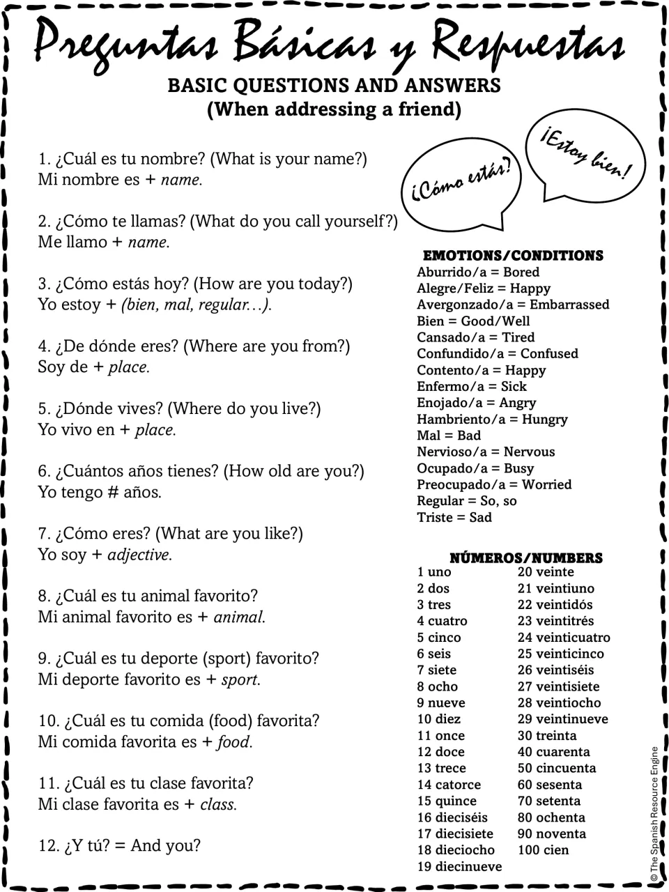 Basic Spanish questions for a friend (tú) with answer frames, plus emotions vocabulary and numbers 1 to 100 reference