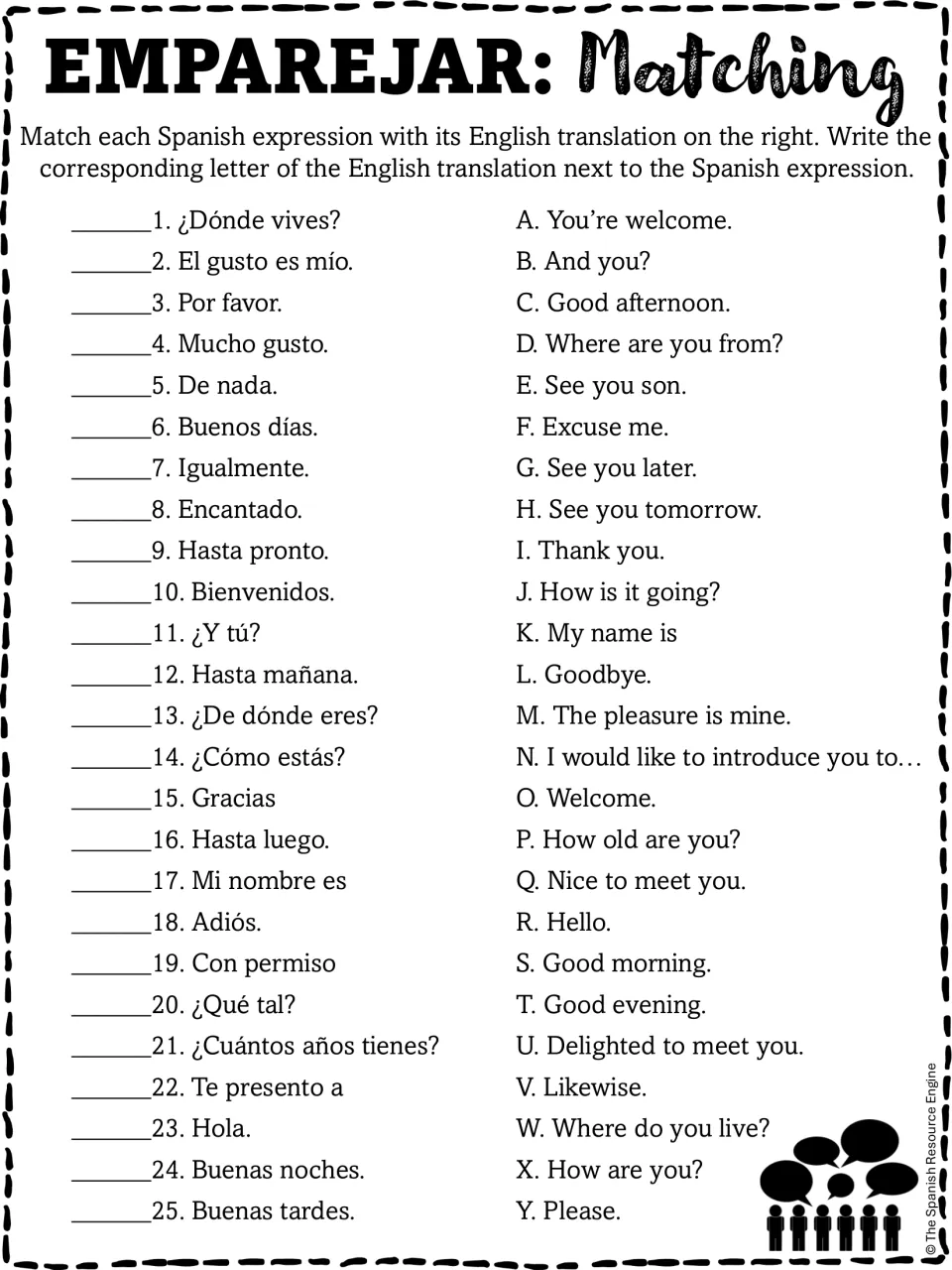 Spanish greetings matching: students write the letter of the English translation next to each of 25 Spanish expressions