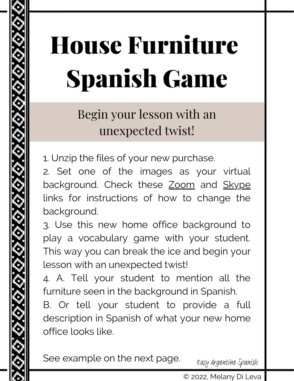 House Furniture Spanish Game steps: set a home office virtual background, then students name or describe its furniture