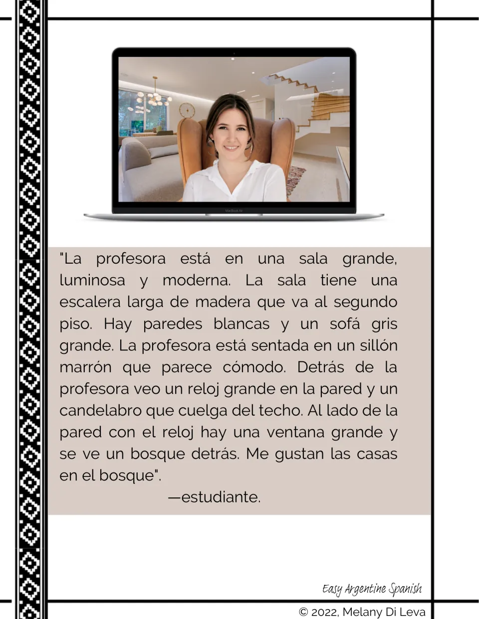 Example: a student's Spanish description of the teacher's living room background, naming sofá, sillón and reloj