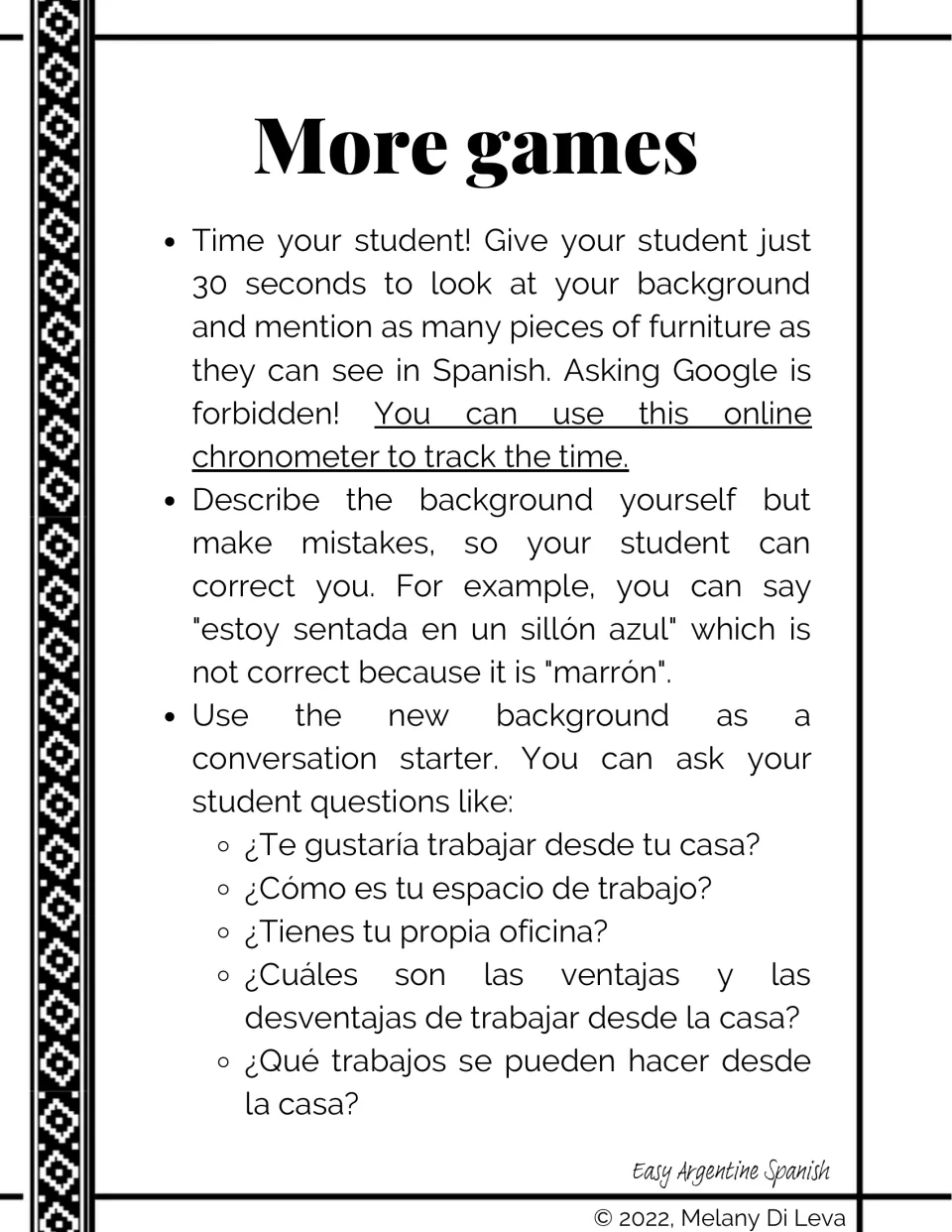 More games: 30-second furniture naming race, spot-the-teacher's-mistake, and Spanish questions about working from home