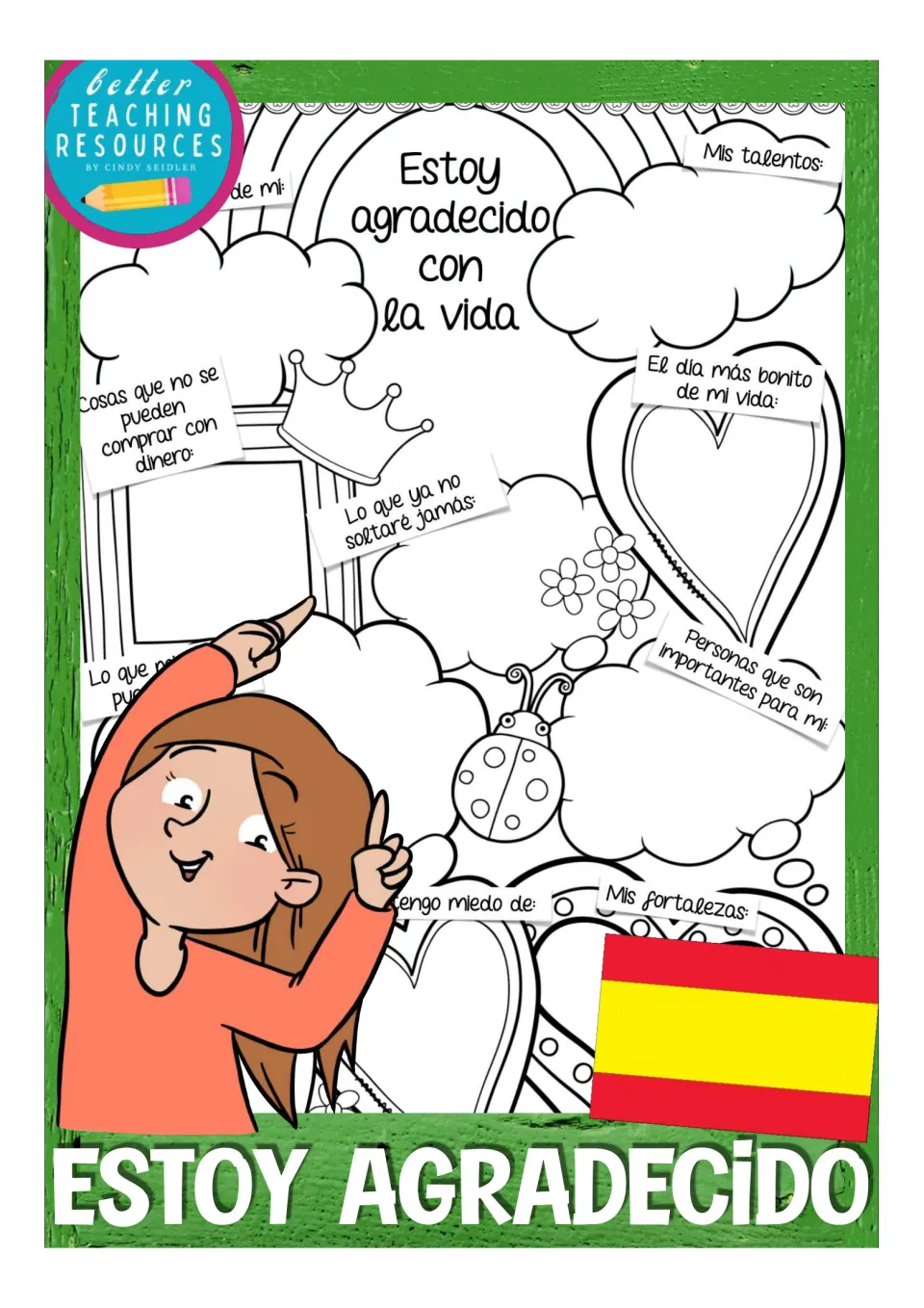 Cover of the Spanish gratitude resource showing a sample reflection sheet and the words “Estoy agradecido.”