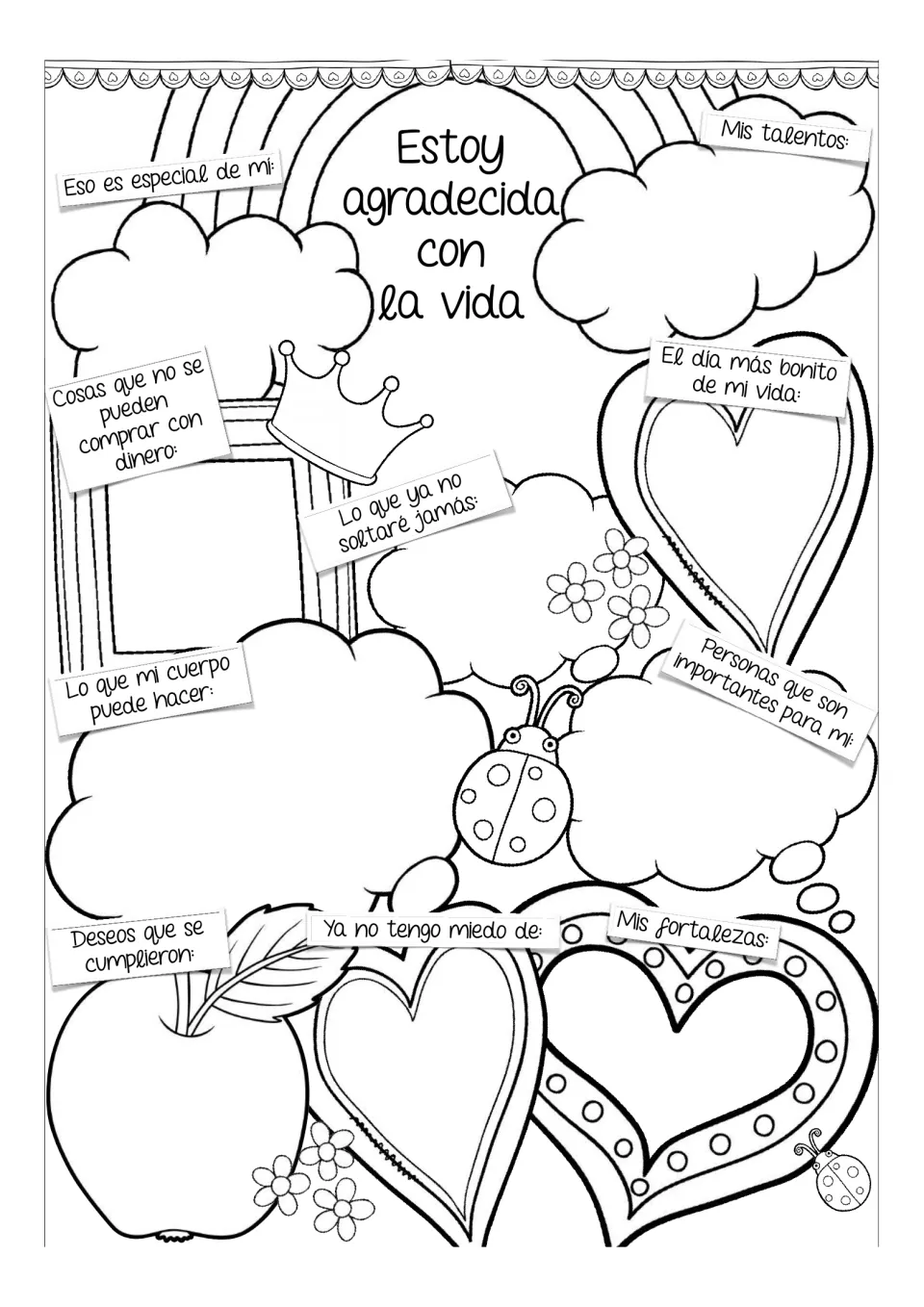 Spanish gratitude worksheet headed “Estoy agradecida con la vida,” with prompts about strengths and wishes.