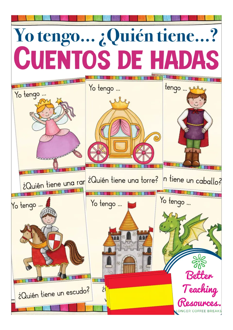 Spanish fairy-tale game cover showing sample fairy, carriage, prince, knight, castle, and dragon cards.