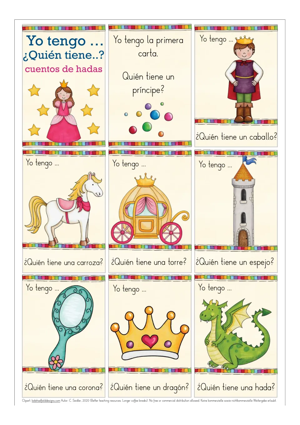 Title card and game cards 1–8: starting card, príncipe (prince), horse, carriage, tower, mirror, crown, and dragon.