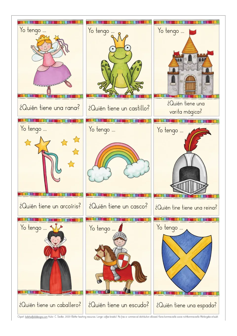 Game cards 9–17: hada (fairy), frog, castle, magic wand, rainbow, helmet, queen, knight, and shield.