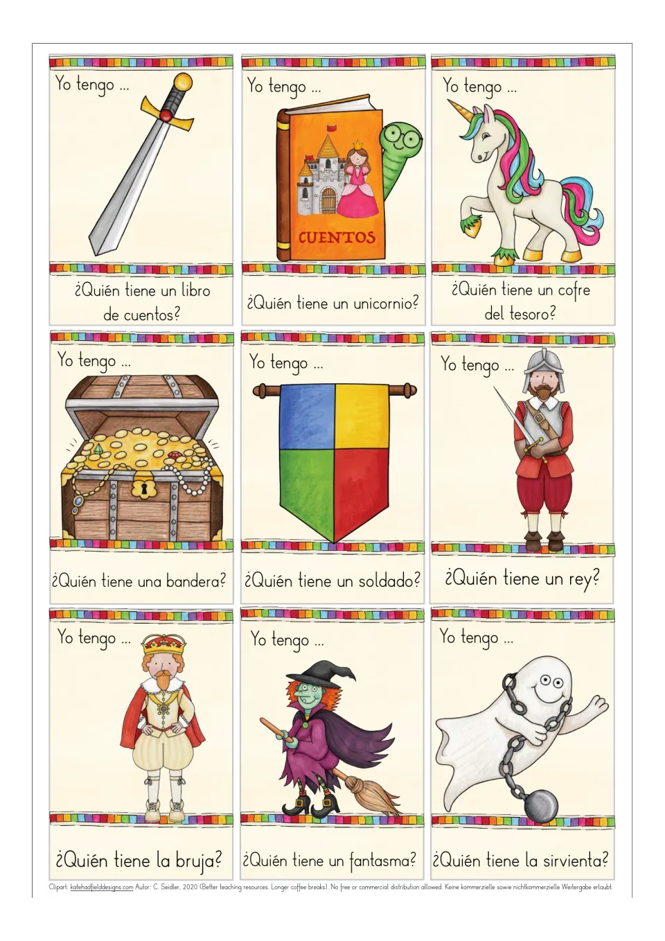 Game cards 18–26: espada (sword), storybook, unicorn, treasure chest, flag, soldier, king, witch, and ghost.