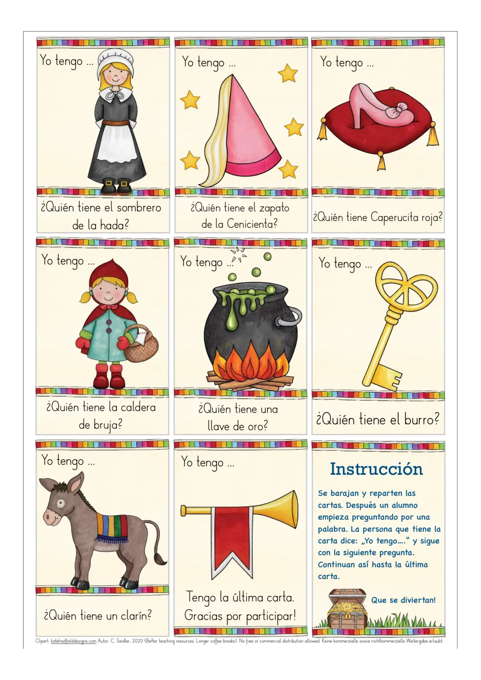Game cards 27–34: servant, fairy hat, Cinderella’s shoe, Red Riding Hood, cauldron, key, donkey, bugle; instructions.