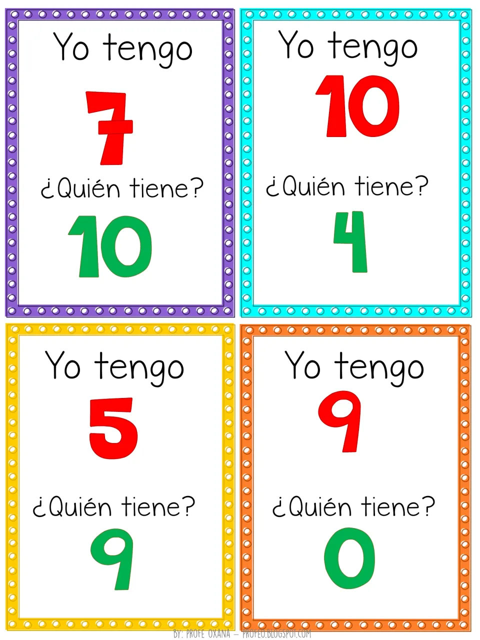 Spanish numbers chain game cards: yo tengo 7, 10, 5, 9 and ¿quién tiene? 10, 4, 9, 0, read aloud to pass the turn