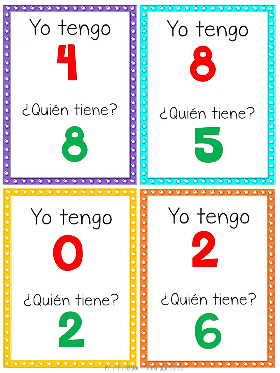 Spanish number cards for the chain game: students holding 4, 8, 0 and 2 ask who has 8, 5, 2 and 6 using ¿Quién tiene?