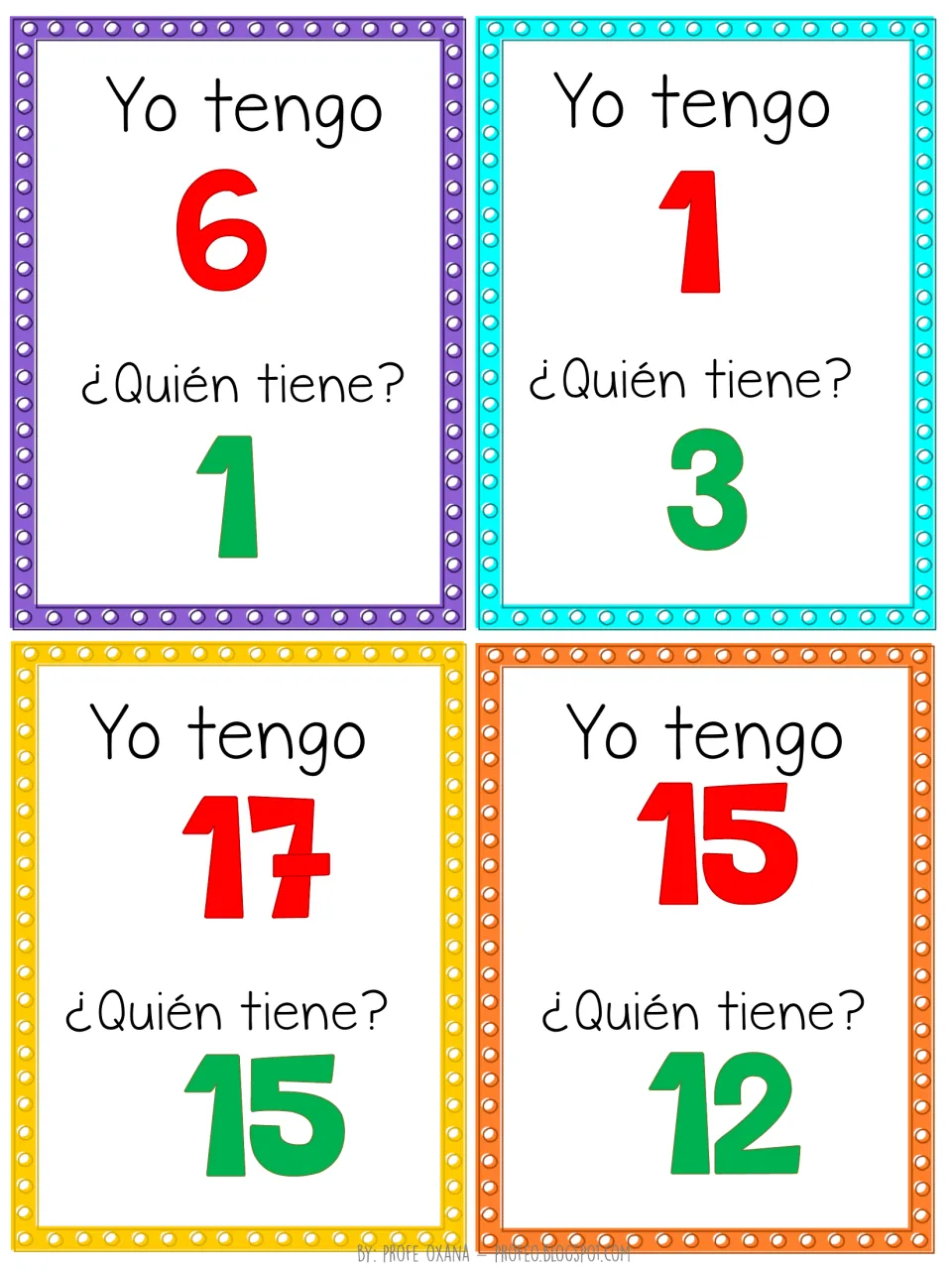 Number recognition in Spanish: cards say yo tengo 6, 1, 17, 15 and ask quién tiene 1, 3, 15, 12 to link players