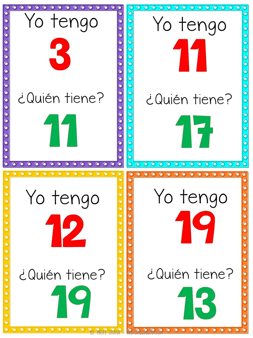 Spanish numbers 3 to 19 game cards: I have 3, 11, 12, 19 paired with who has 11, 17, 19, 13 for saying numbers aloud