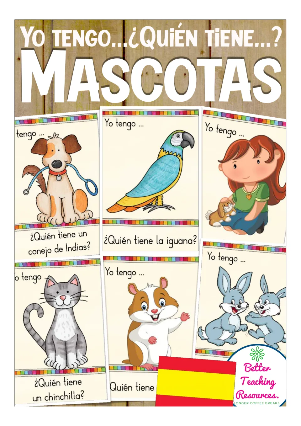 Cover of the Spanish pet vocabulary card game, titled 'Yo tengo... ¿Quién tiene...?' with sample cards