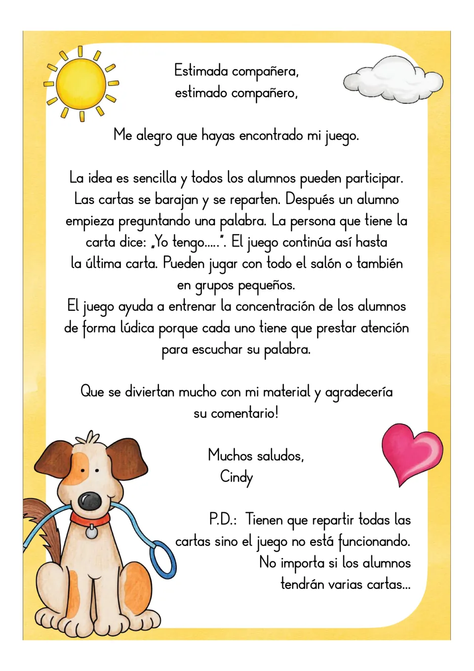 Teacher directions for the Spanish pet card game: shuffle, deal all cards, and listen for your word