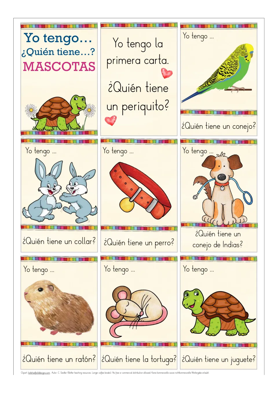 First card sheet: title, starting card, periquito (parakeet), rabbits, collar, dog, guinea pig, mouse, turtle
