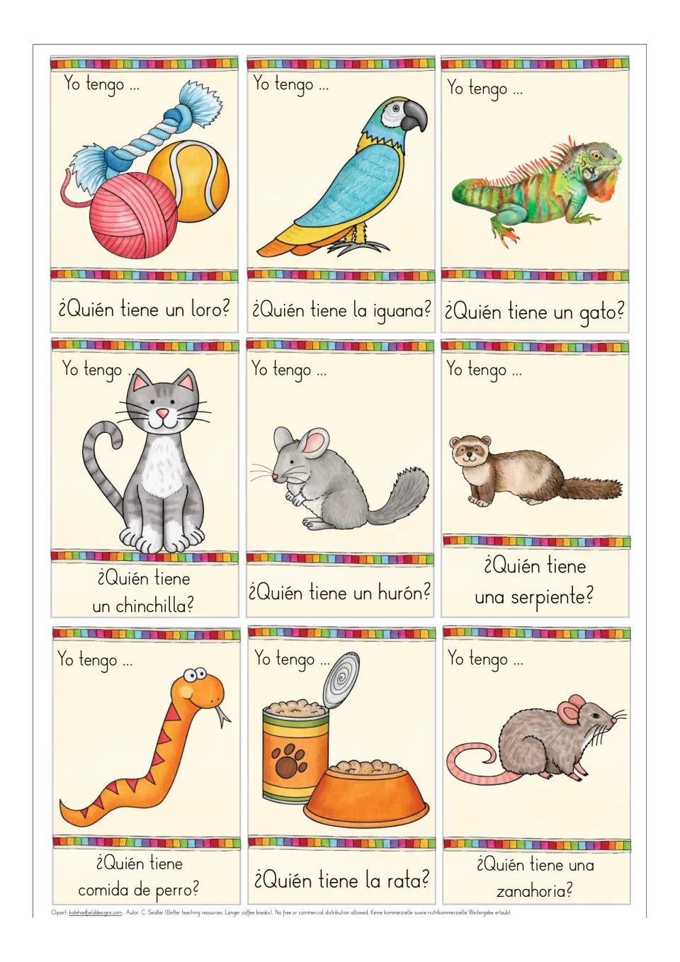 Second card sheet: pet toys, loro (parrot), iguana, cat, chinchilla, ferret, snake, dog food, and rat