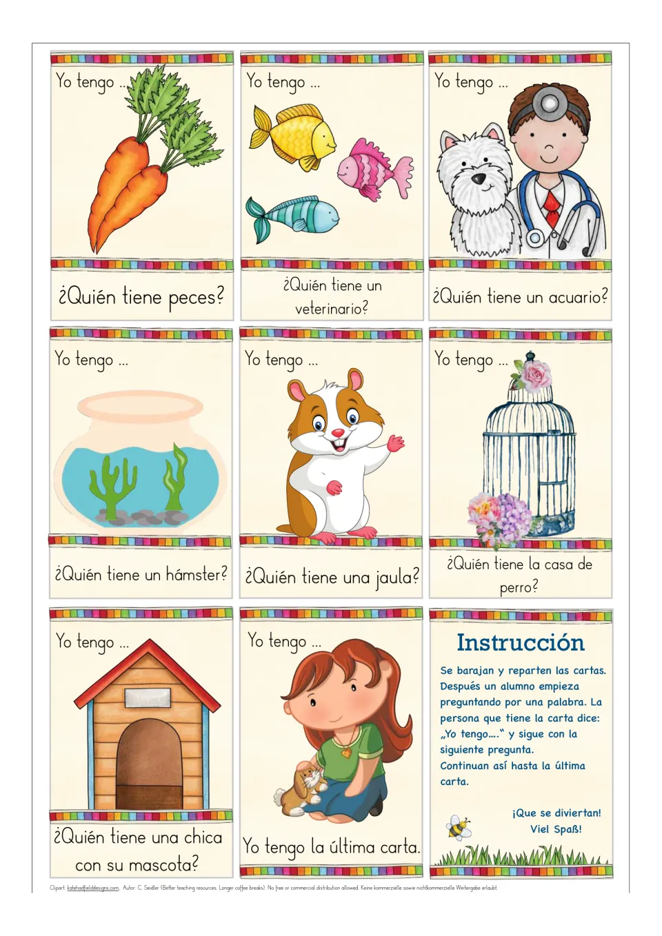 Final card sheet: carrots, fish, vet, aquarium, hamster, jaula (cage), doghouse, girl with pet, directions
