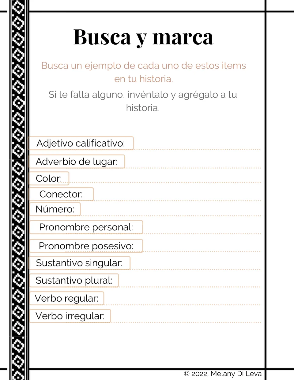 Spanish story review: identify 11 items, including an adjective, place adverb, pronouns, nouns, and verbs.