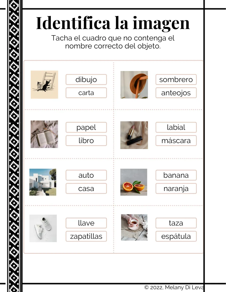 Spanish image-identification task: cross out incorrect names for eight pictures, including casa (house)