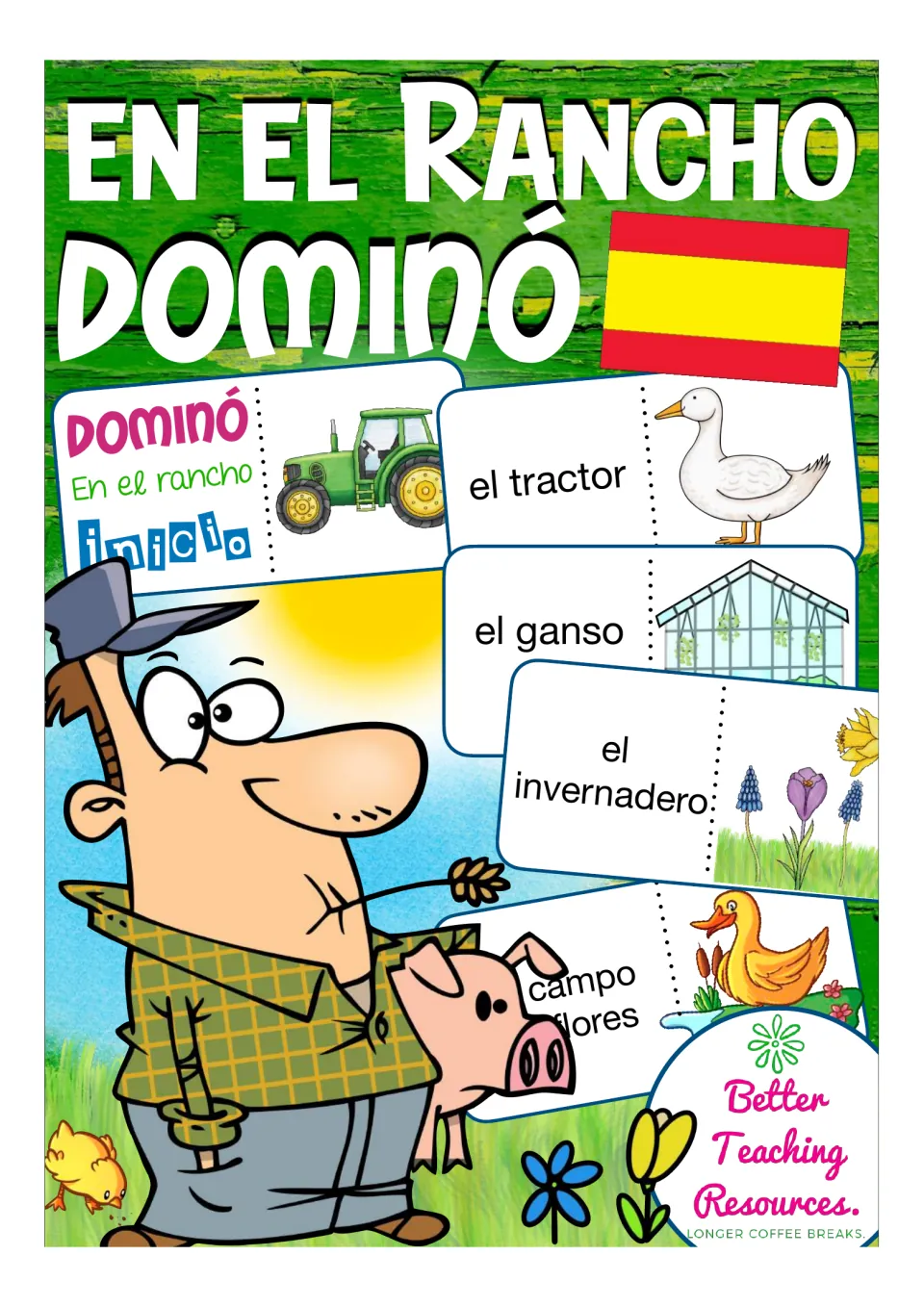 Cover of the Spanish ranch vocabulary domino game, showing sample cards for tractor, goose, and greenhouse.