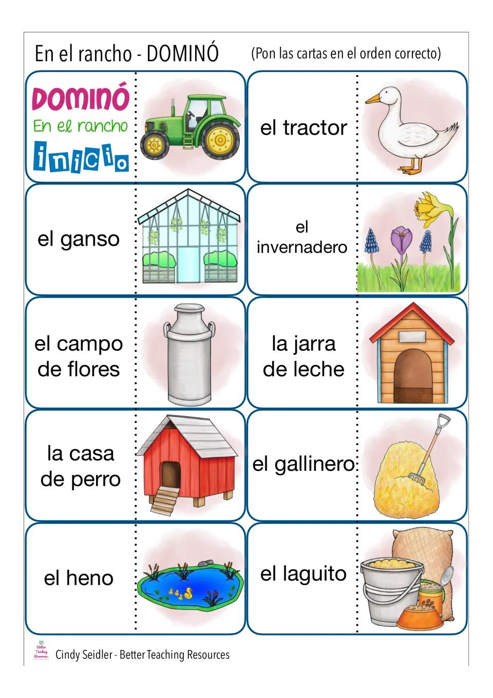 Spanish ranch domino cards 1–10: inicio (start), el tractor (tractor), el ganso (goose), and seven more.