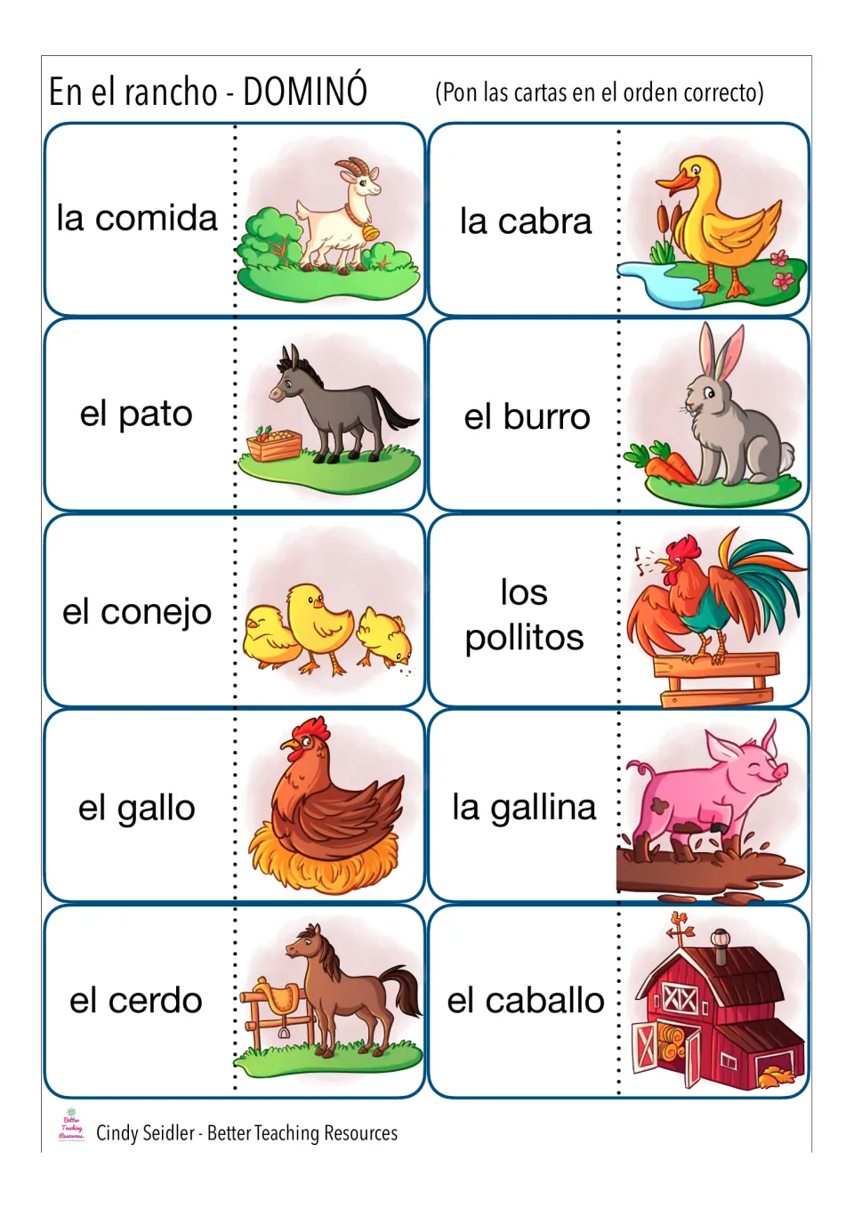 Spanish ranch domino cards 11–20: la comida (food), la cabra (goat), el pato (duck), and seven more.